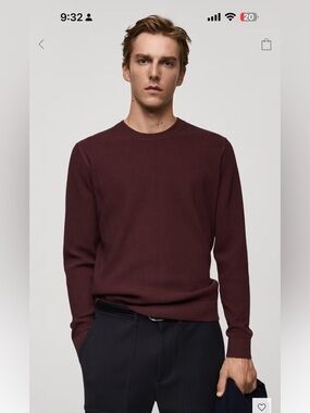 MANGO Men's Crewneck Ribbed Sweater in Burgundy Size M NWT
